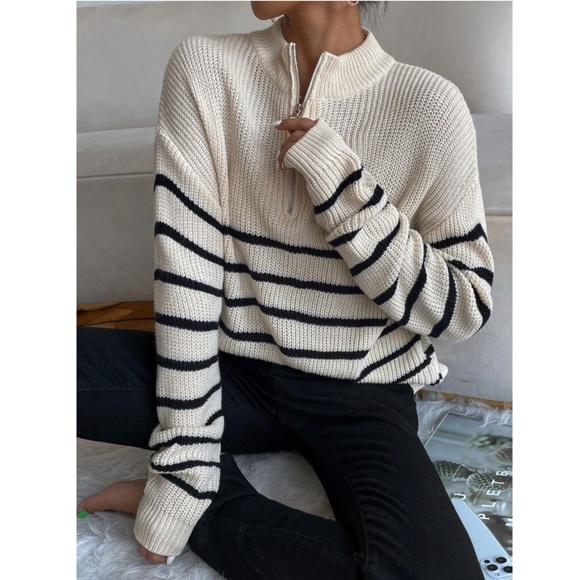 Striped Pullover Zip Collar Sweater Knit - Picture 2 of 8